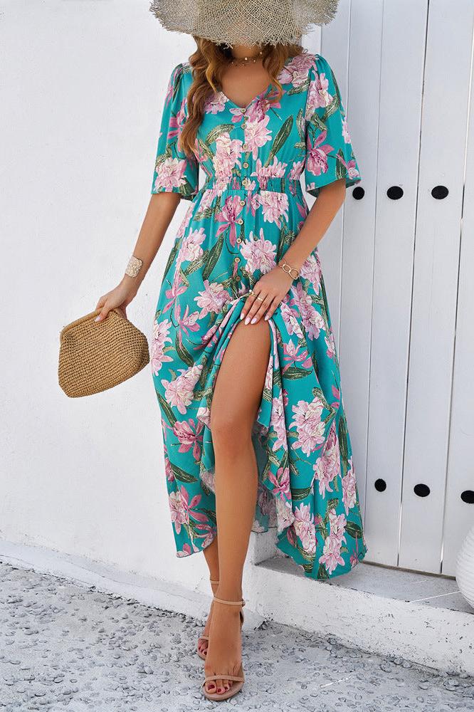 Vestido midi elegante de verano con escote en V y abertura lateral con flores