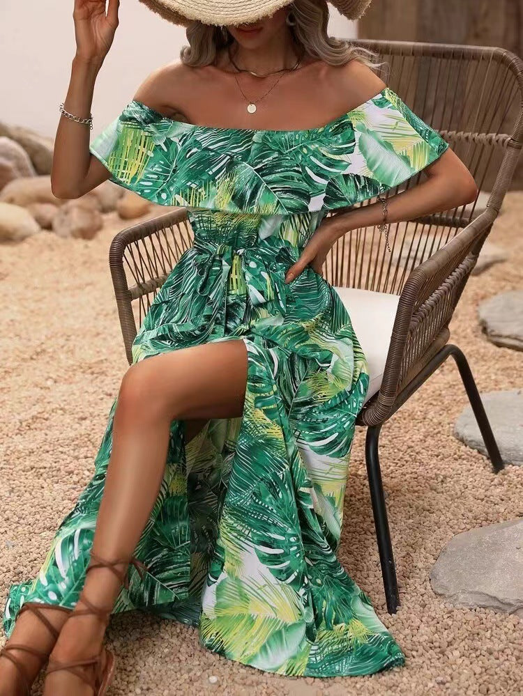 Elegant Off Shoulder Tropical Printed Slit Dress