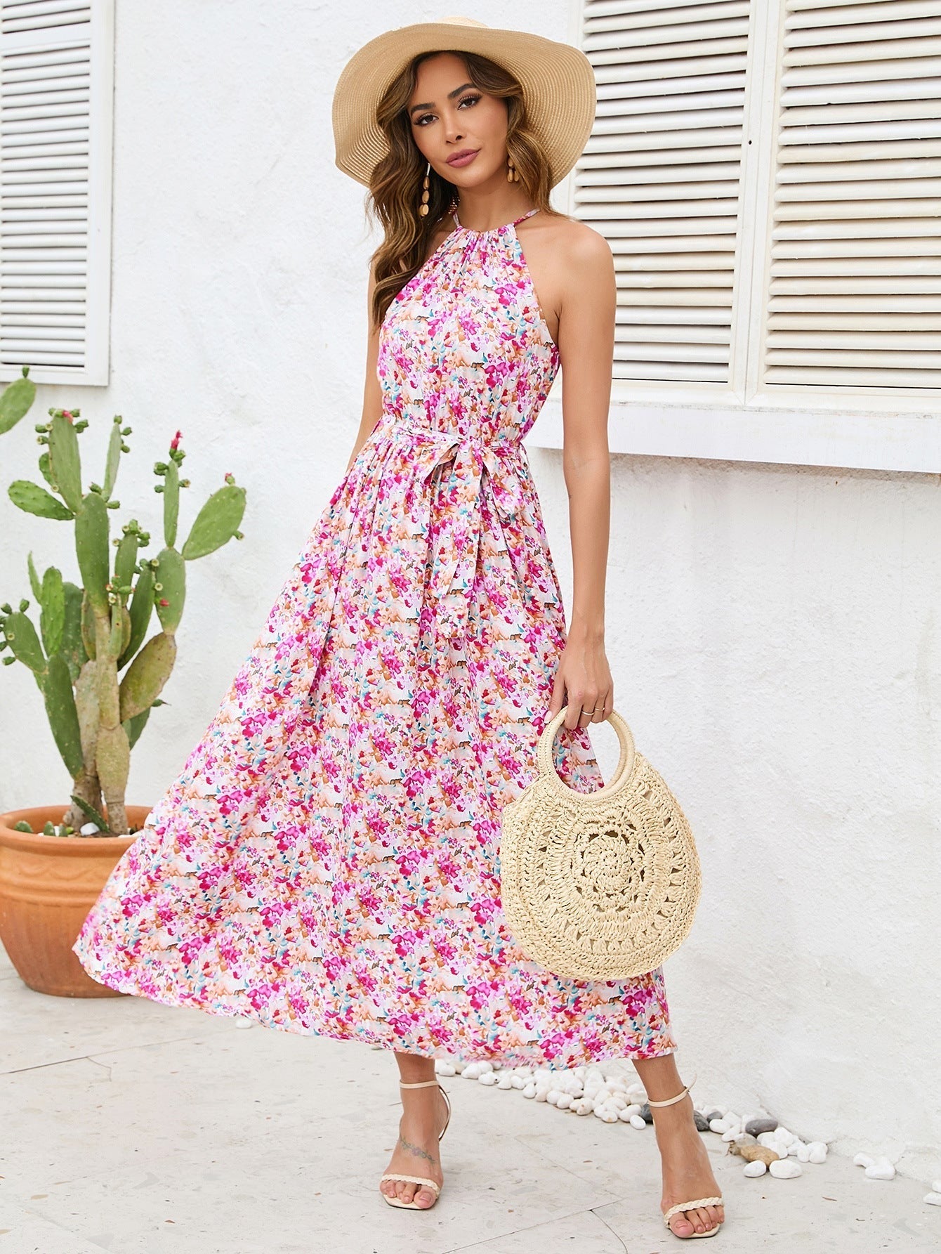 Off Shoulder Halter Neck Floral Midi Dress