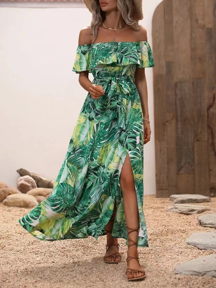 Elegant Off Shoulder Tropical Printed Slit Dress