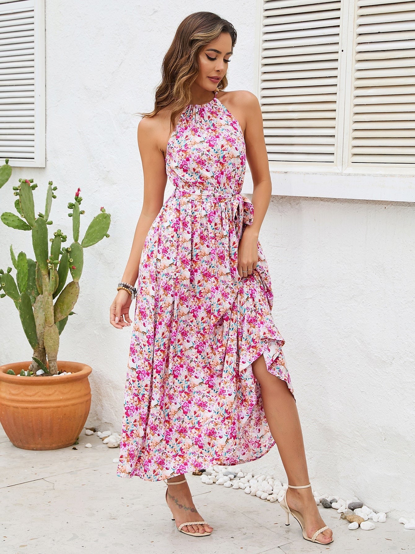 Off Shoulder Halter Neck Floral Midi Dress