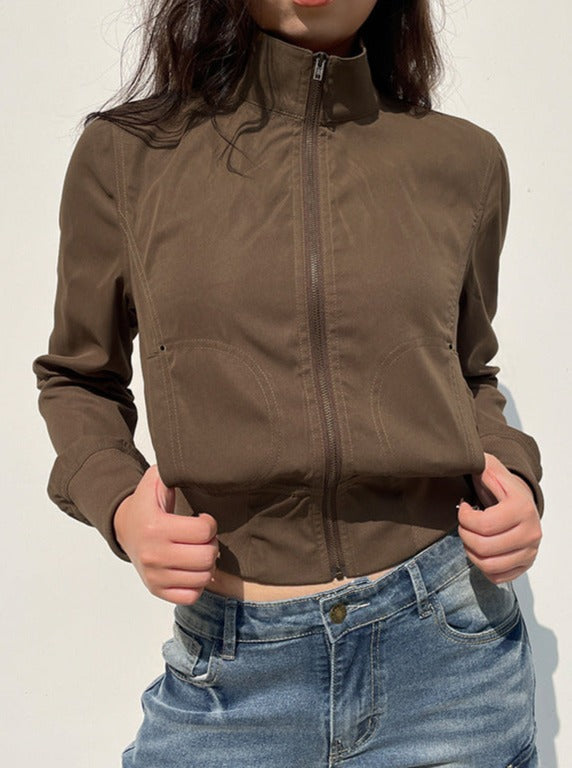 Brown High Neck Plain Crop Jacket