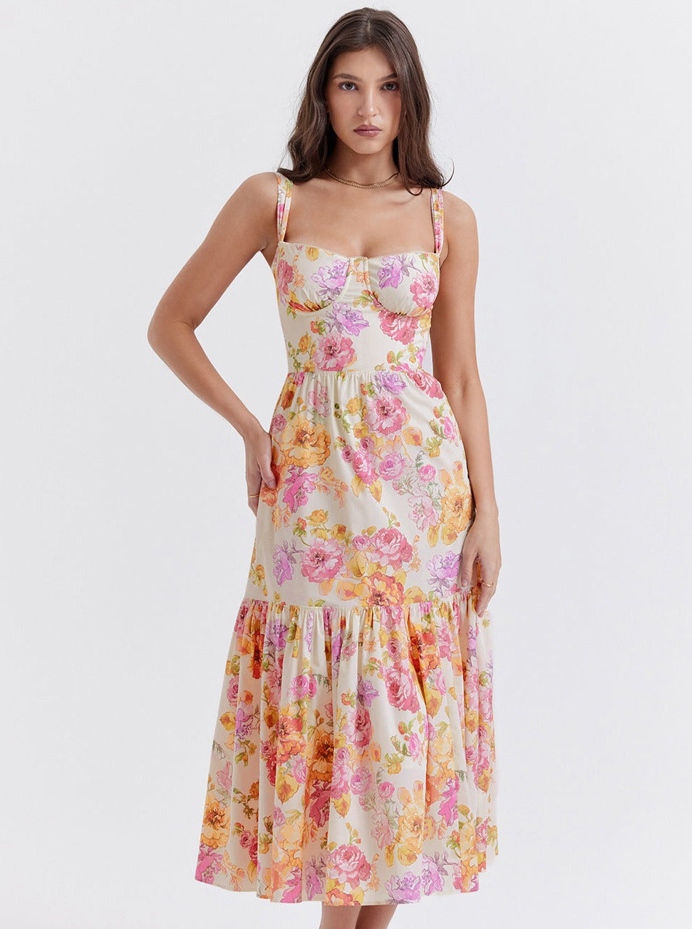 Vestido bustier plisado con estampado floral 