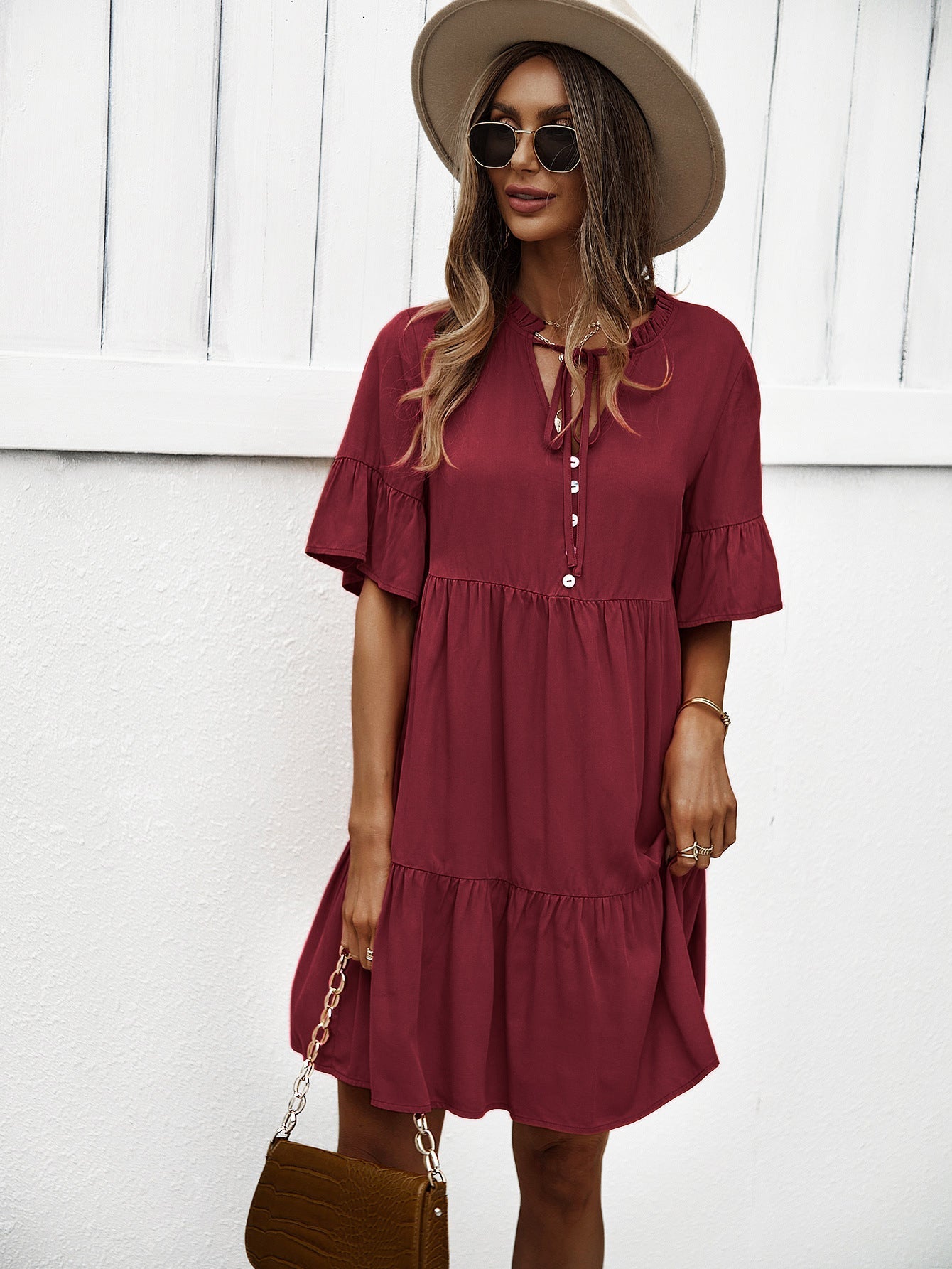 Boho Sommerkleid, Bequemes A-Linien Kleid mit Volantärmeln, Locker und Chic