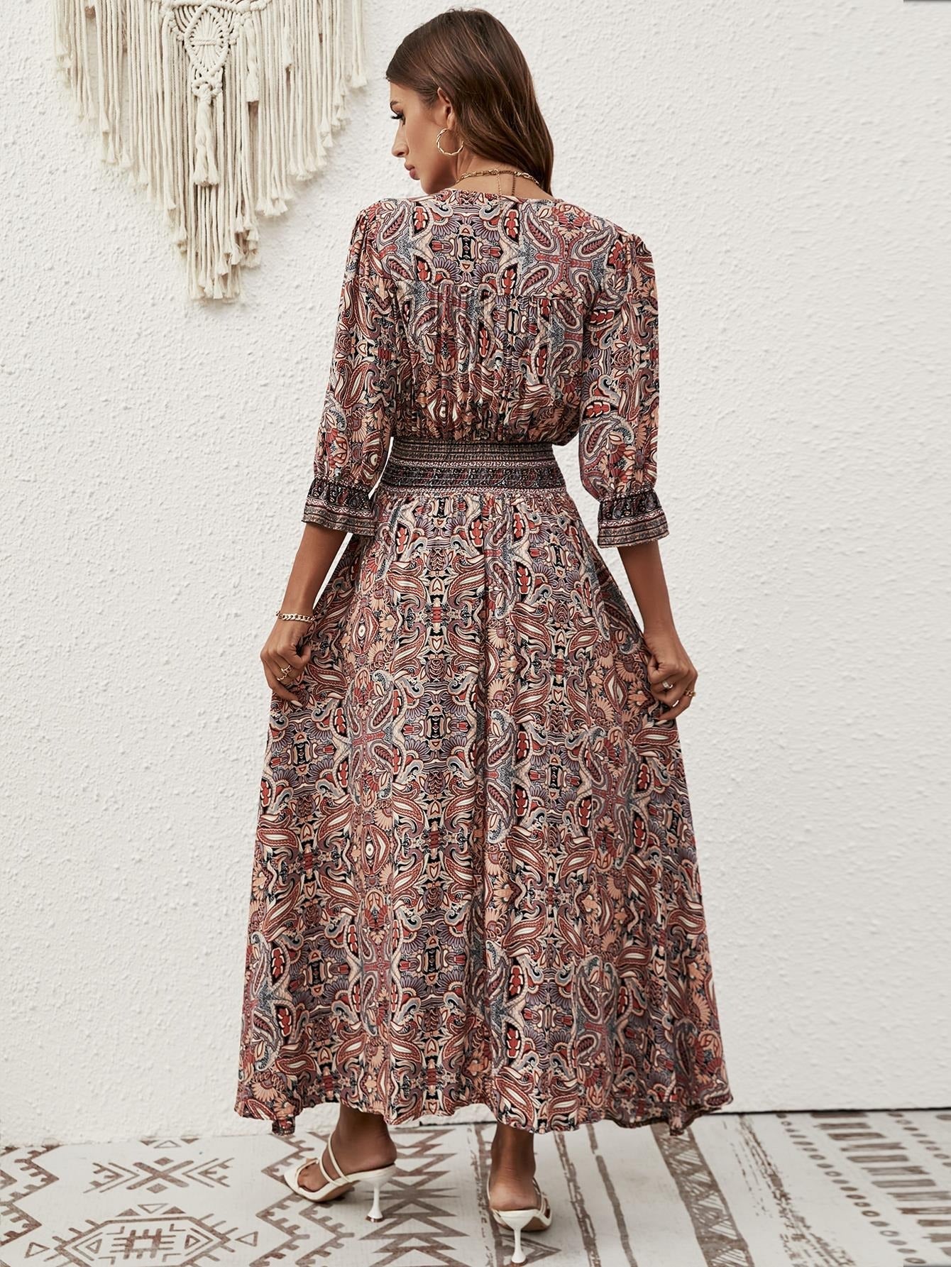 Vintage Boho Printed Half Sleeve Midi Dress