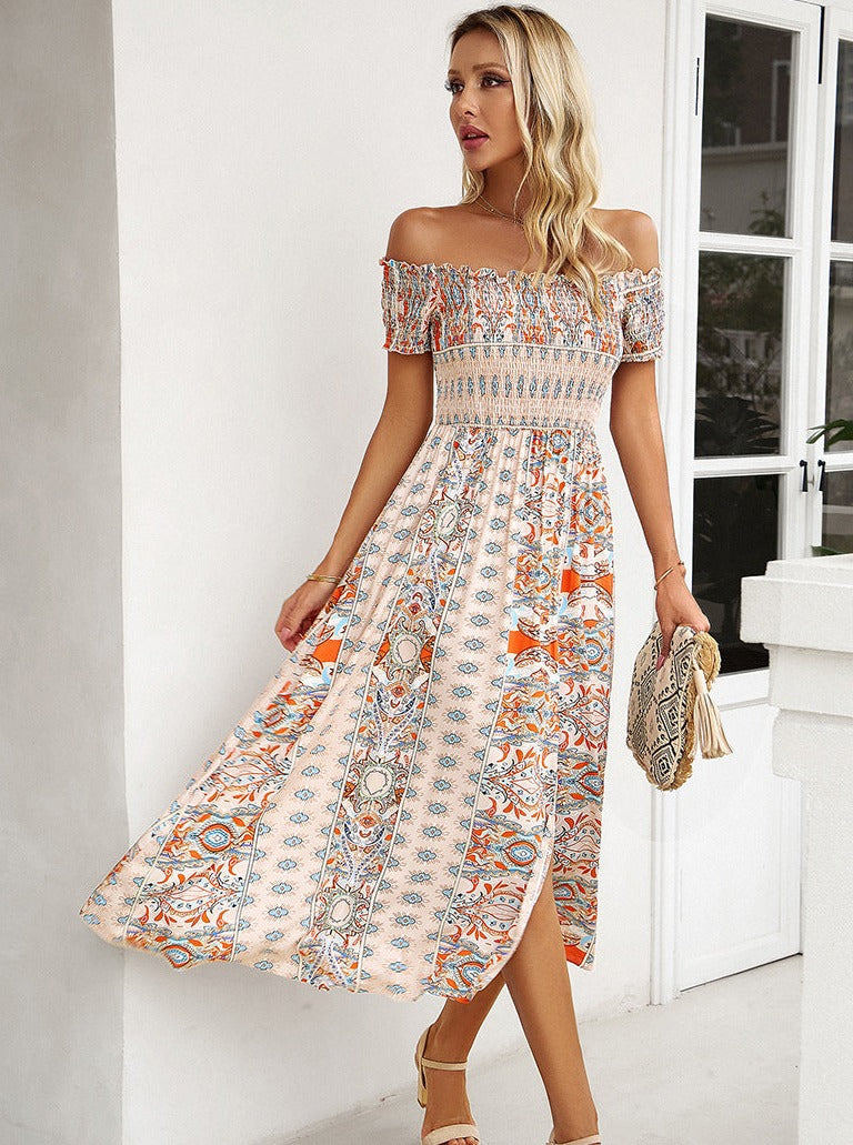 Summer Off Shoulder Bohemian Slit Midi Dress