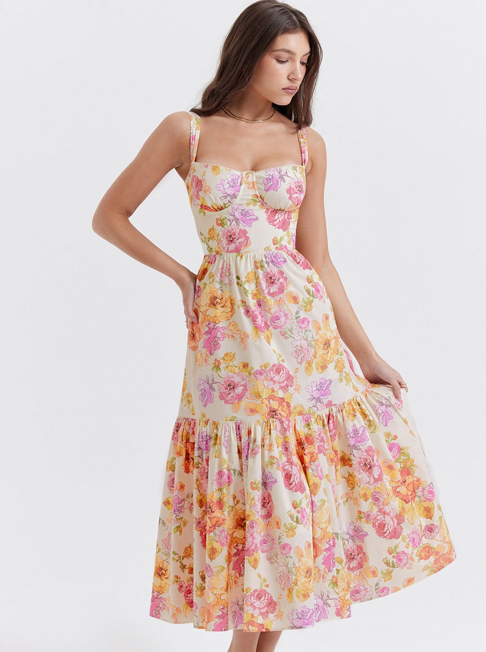 Vestido bustier plisado con estampado floral 