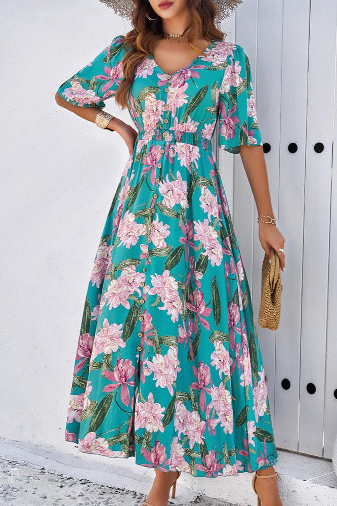 Vestido midi elegante de verano con escote en V y abertura lateral con flores