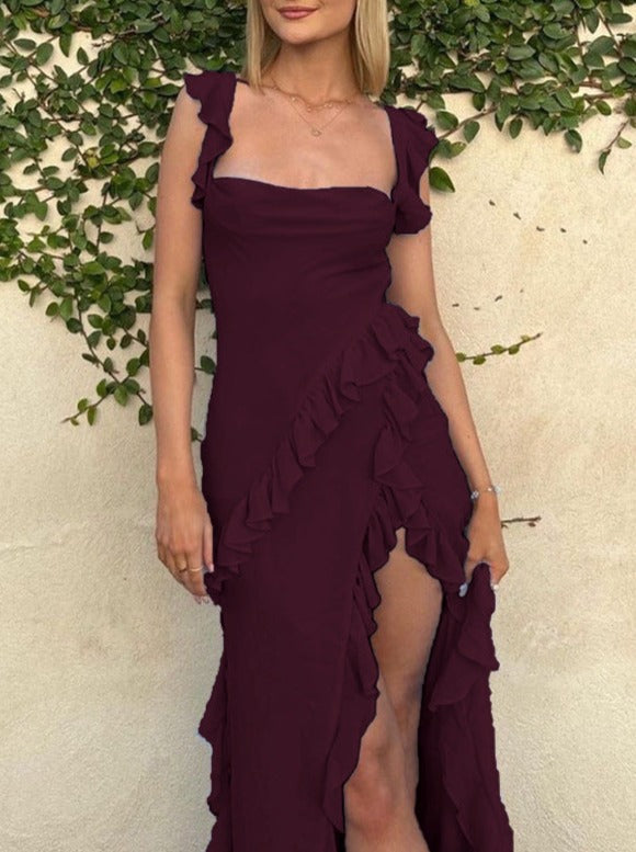 Sexy Wine Asymmetrical Slit Dress