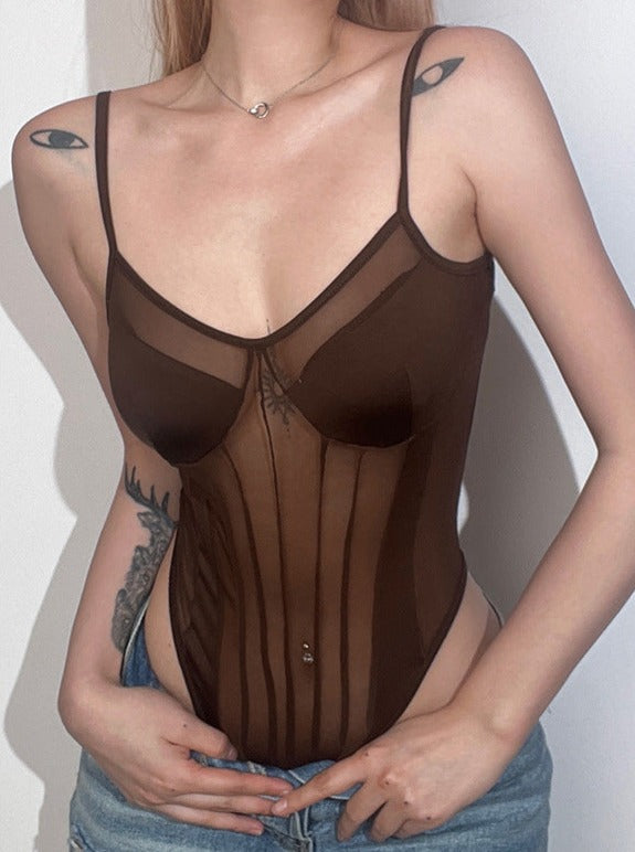 Spaghetti Strap Mesh Backless Bodysuit