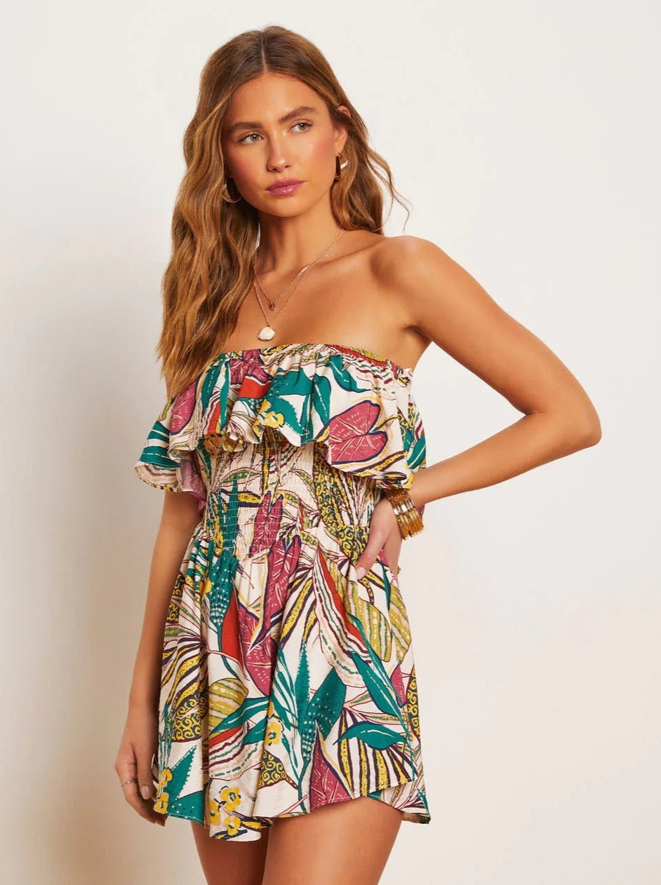 Vestido tubo sin tirantes con estampado tropical verde 