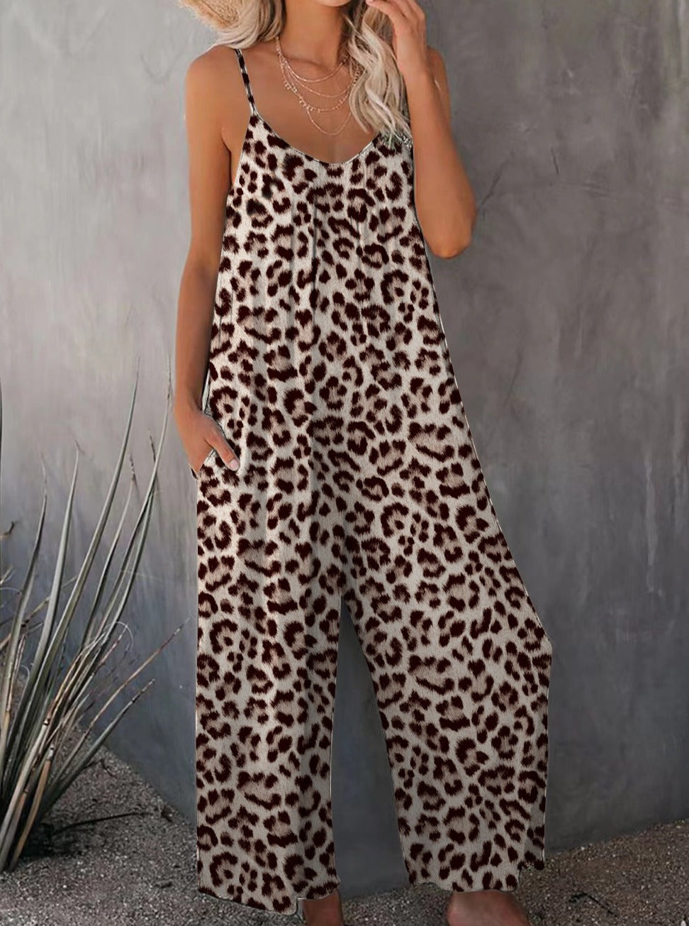 Mono informal holgado sin mangas con estampado de leopardo 