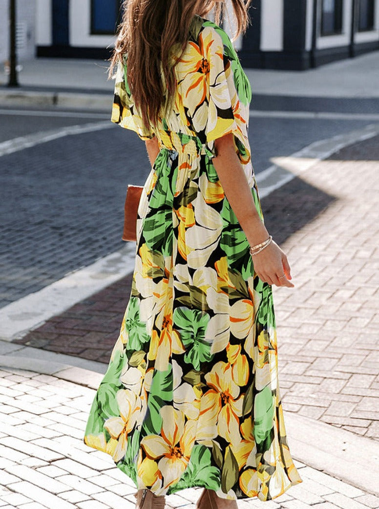 V-Neck Printed Loose Slit Dress