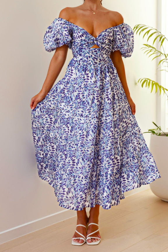 Floral Puff Sleeve Midi Dress in Blue and White